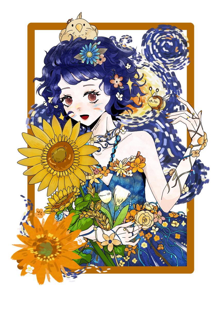 1girl, absurdres, animal_on_head, arm_ribbon, bare_shoulders, bee, bird, bird_on_head
