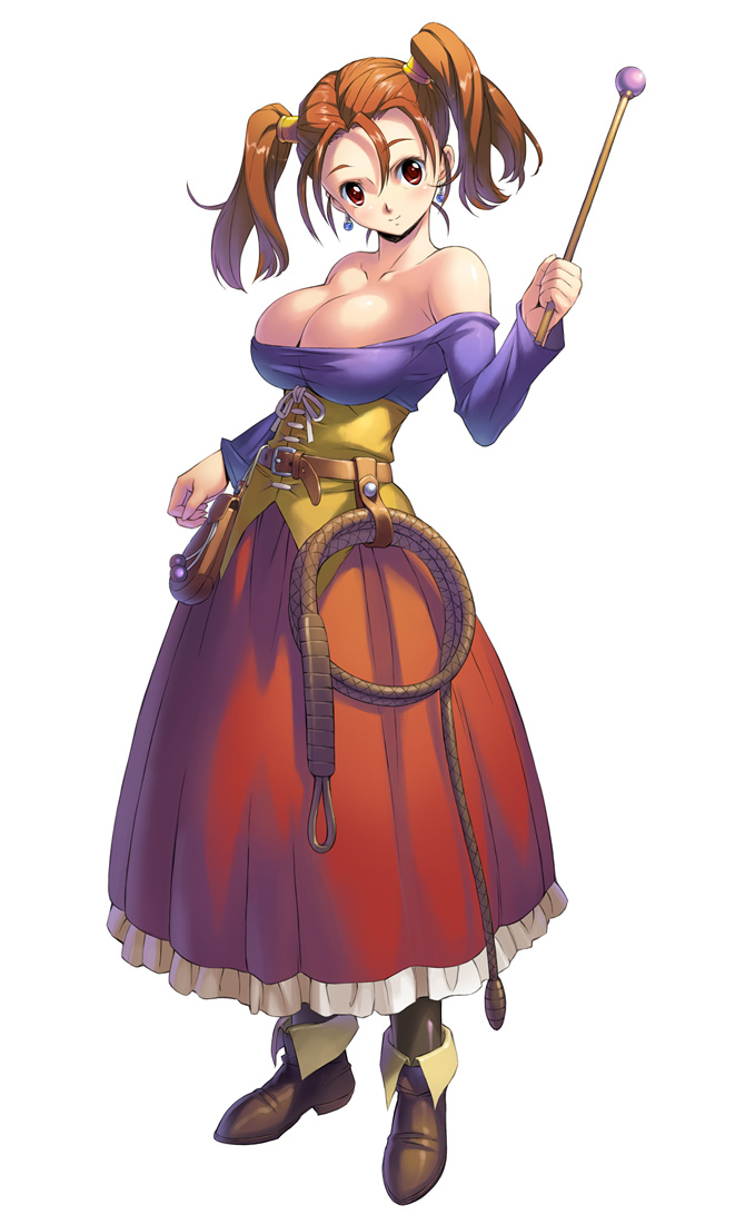 blush, breasts, cleavage, corset, dragon_quest, dragon_quest_viii, dress, earrings