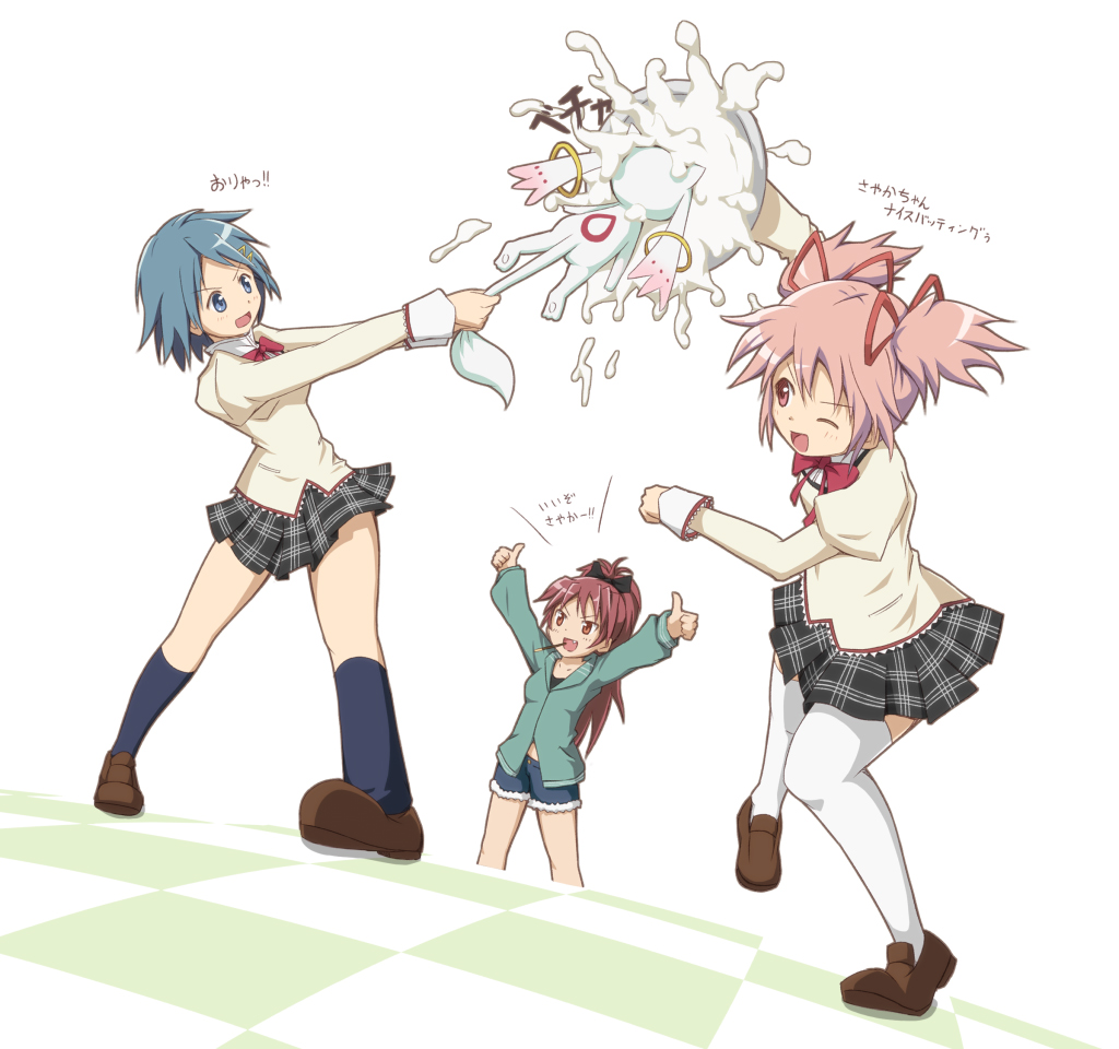 blue_eyes, blue_hair, cake, checkered, checkered_floor, fang, food, food_on_face