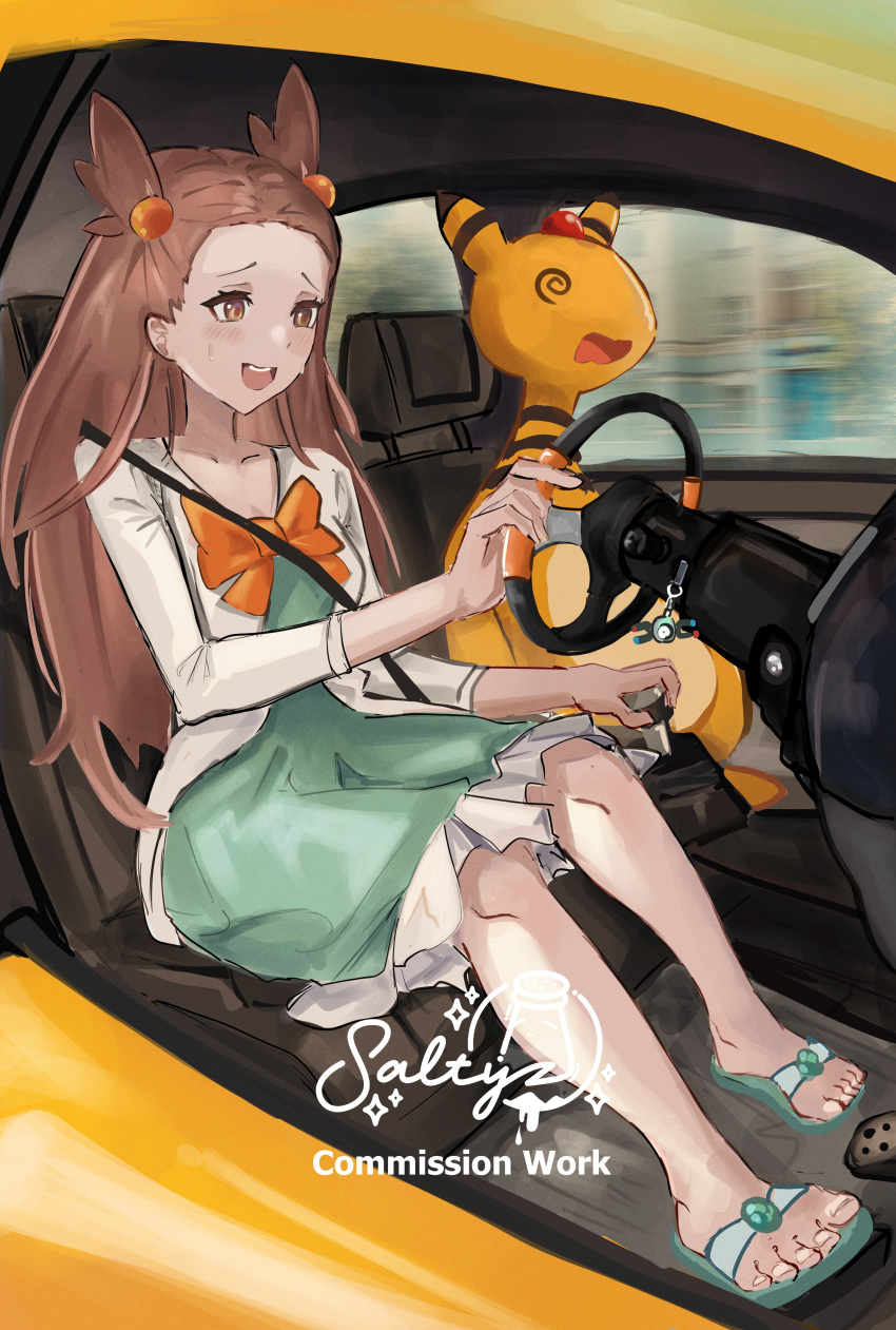1girl, @_@, absurdres, ampharos, brown_hair, car_interior, character_charm, charm_(object)