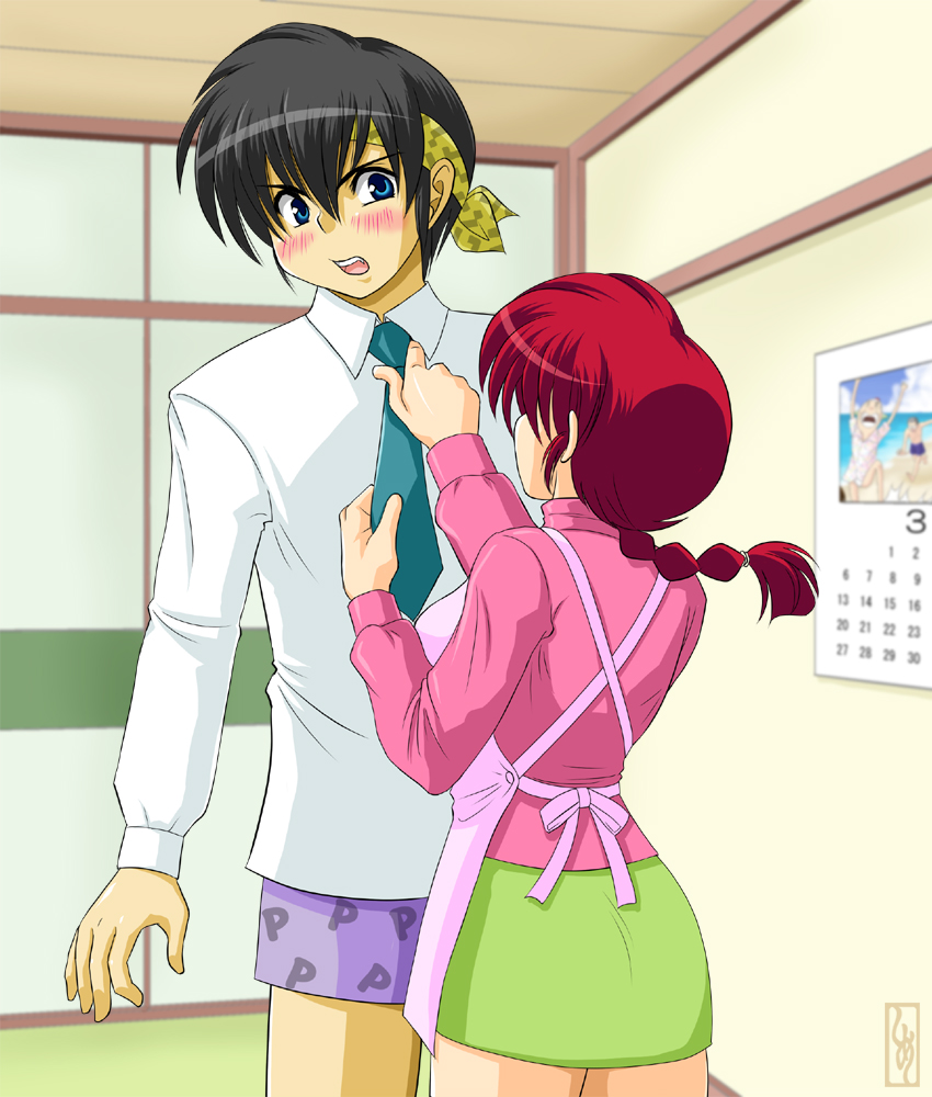 black_hair, blue_eyes, blush, boxers, braid, genderswap, hibiki_ryouga, ranma-chan