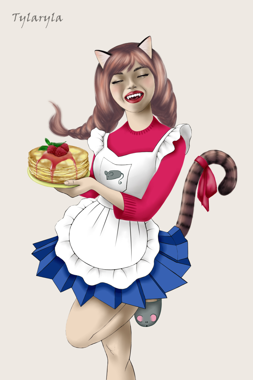 bow, cat_girl, cat_tail, chef, cute, pancakes, raspberry