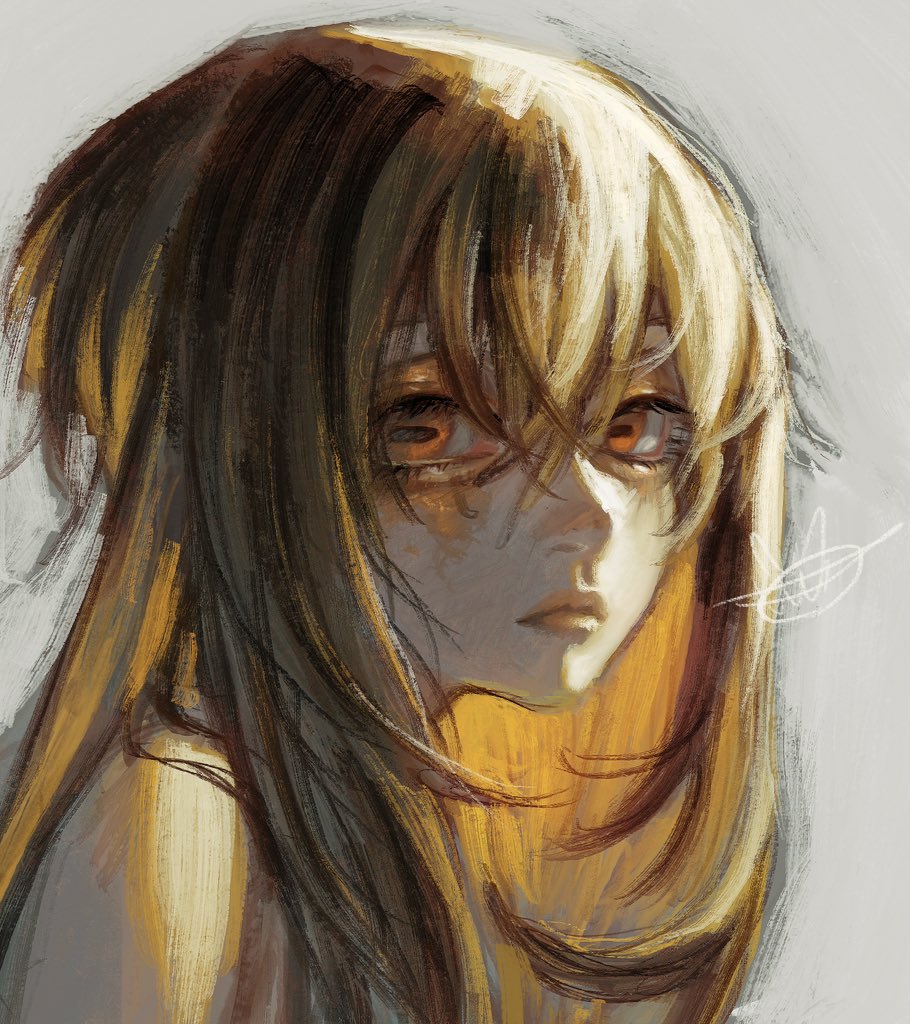 1girl, amo_empool, brown_hair, eyeshadow, gachiakuta, long_hair, looking_at_viewer, makeup, messy_hair, official_art, orange_eyes, orange_eyeshadow, orange_hair, orange_lips, portrait, simple_background, solo, urana_kei, white_background