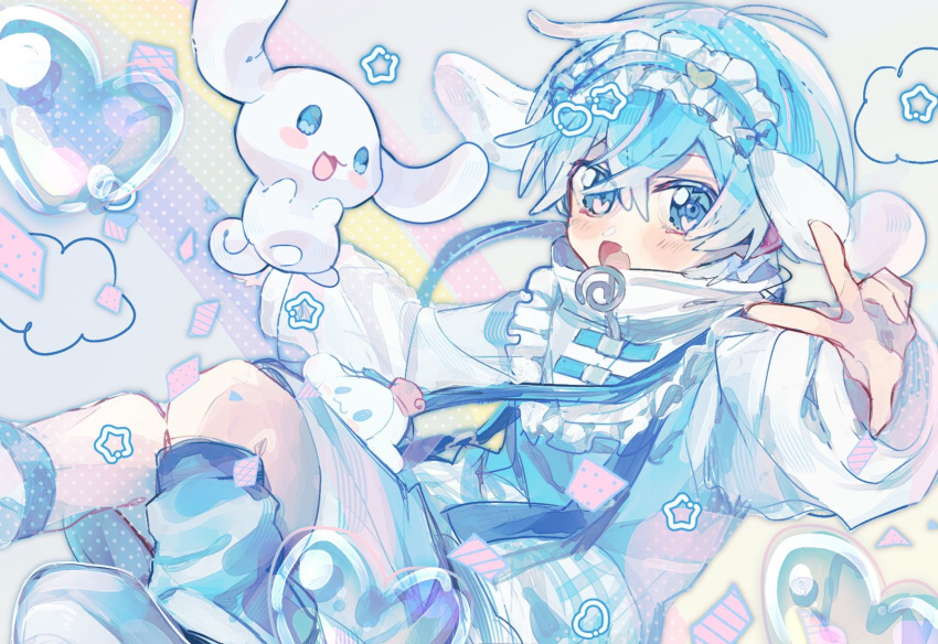 1boy, ahoge, animal_ears, blue_eyes, blue_hair, cinnamoroll, colon_(stpri), fake_animal_ears