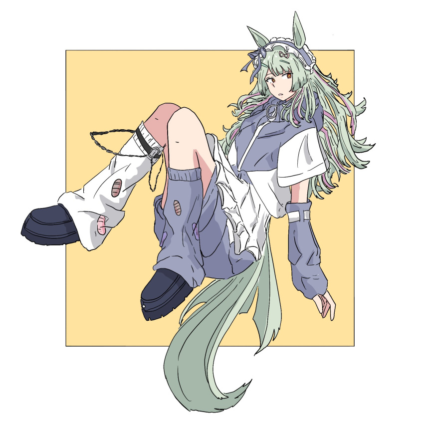 1girl, alternate_costume, animal_ears, apron, arm_warmers, asymmetrical_legwear, blue_jacket, blue_leg_warmers