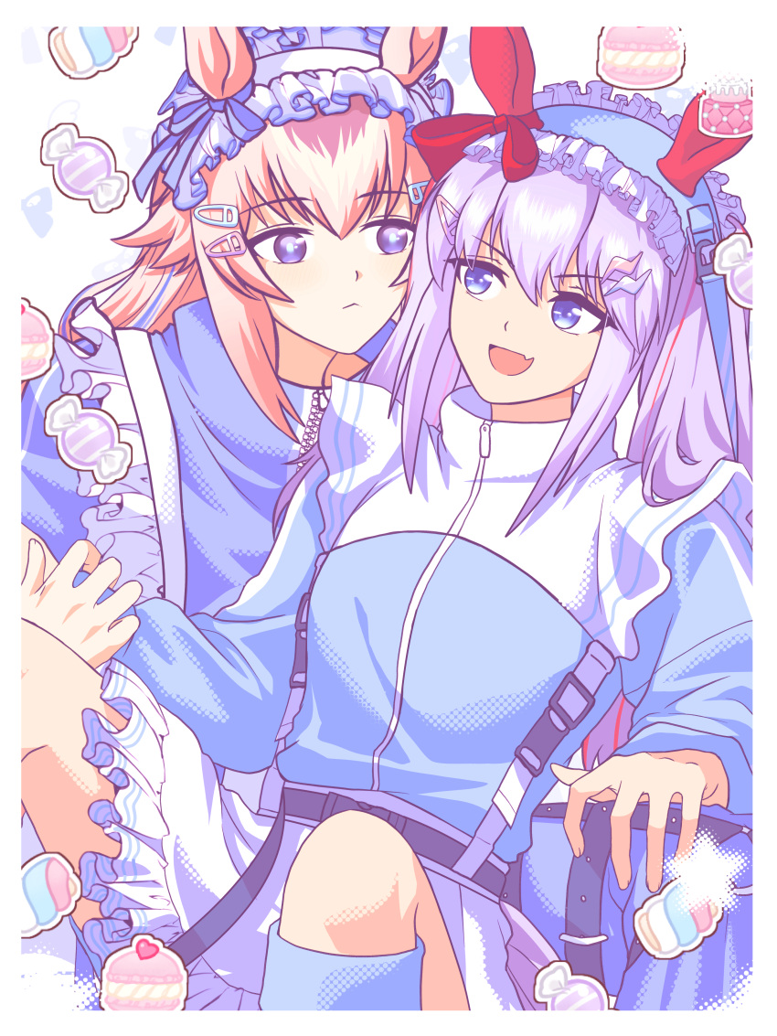 2girls, absurdres, alternate_costume, animal_ears, apron, bbreaad, blue_eyes, blue_jacket