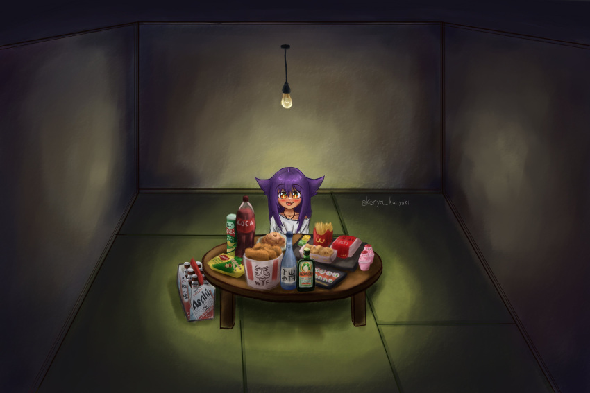 1girl, :3, absurdres, dark-skinned_female, dark_skin, darkness, fang, food