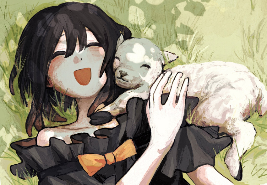 1girl, ^_^, aged_down, amo_empool, baby_animal, black_dress, blush, bow