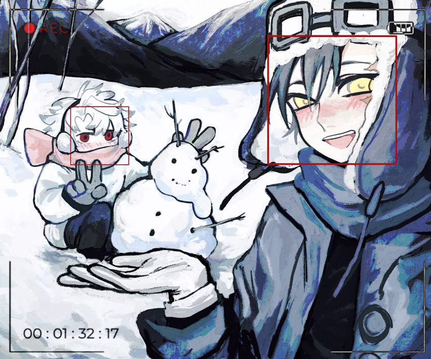 2boys, aviator_cap, aviator_goggles, bare_tree, black_hair, black_hat, black_pants, black_shirt