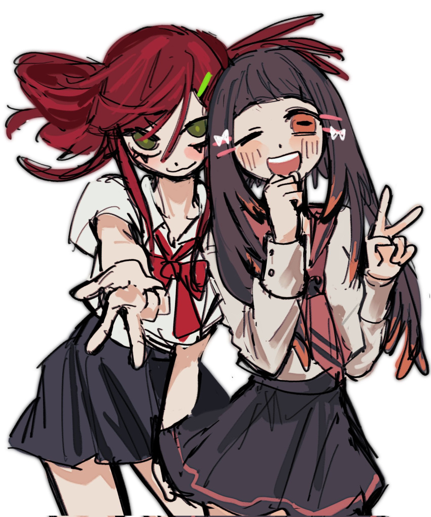 2girls, :3, amo_empool, black_skirt, bow, bowtie, carbolic20, colored_tips