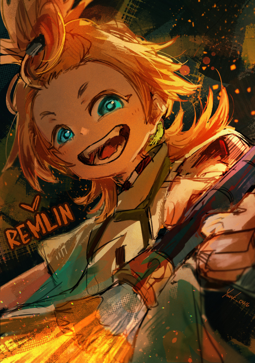 1other, bangs_pinned_back, blue_eyes, blush, child, choker, gachiakuta, happy, highres, holding, holding_paintbrush, light_blush, looking_at_viewer, open_mouth, orange_hair, paintbrush, remlin_tysark, shirt, short_sleeves, smile, white_shirt, yuuk_0416