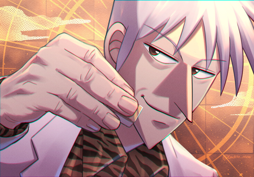 1boy, akagi_shigeru, animal_print, blazer, brown_background, brown_eyes, closed_mouth, collared_shirt