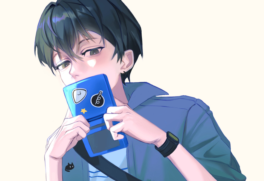 1boy, absurdres, aegyo_sal, bag, black_bag, black_eyes, black_hair, blue_jacket
