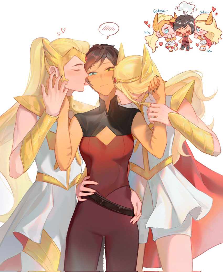 3girls, adora_(she-ra), animal_ears, armor, blonde_hair, bracer, cape, cat_ears