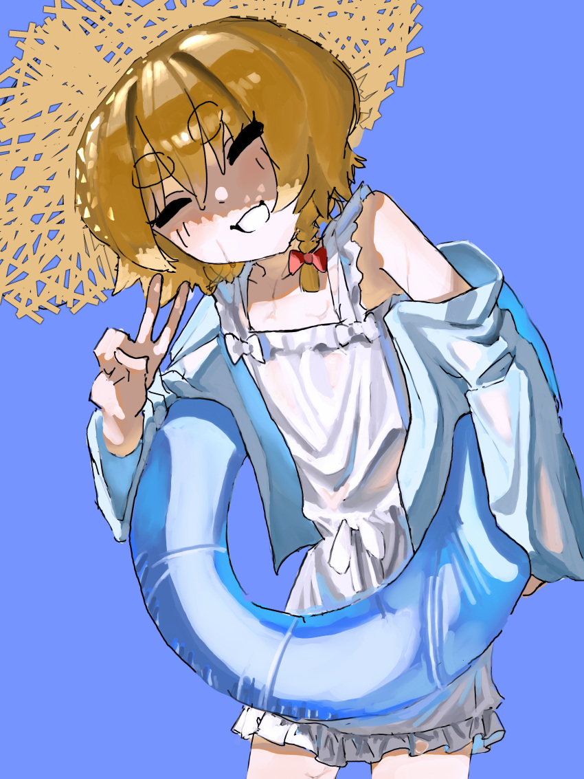 1girl, absurdres, blonde_hair, blue_background, blue_innertube, bow, braid, closed_eyes, commentary_request, cookie_(touhou), cowboy_shot, dress, grin, hair_bow, hat, highres, kirisame_marisa, meguru_(cookie), red_bow, short_hair, side_braid, simple_background, single_braid, smile, solo, straw_hat, sun_hat, sundress, suzuki_kenichi, thick_eyebrows, touhou, v, white_dress