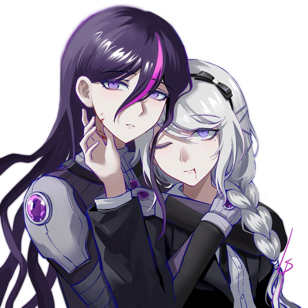 2girls, black_bodysuit, black_hair, black_hairband, black_jacket, blood, blood_from_mouth, blood_from_neck