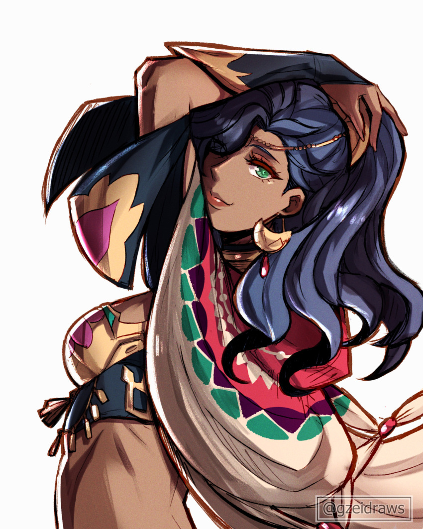 1girl, blue_hair, circlet, closed_mouth, commentary, dancer, dark-skinned_female, dark_skin