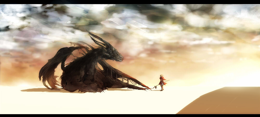 1other, ancient_dragon_(dark_souls), bearer_of_the_curse, blonde_hair, cape, clouds, commentary_request, dark_souls_(series)