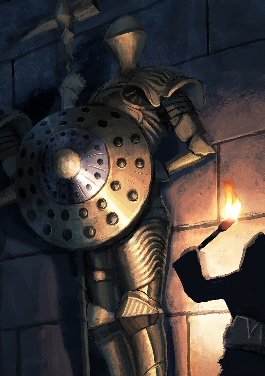 1other, armor, bearer_of_the_curse, black_robe, breastplate, brick_wall, commentary_request, dark_souls_(series)