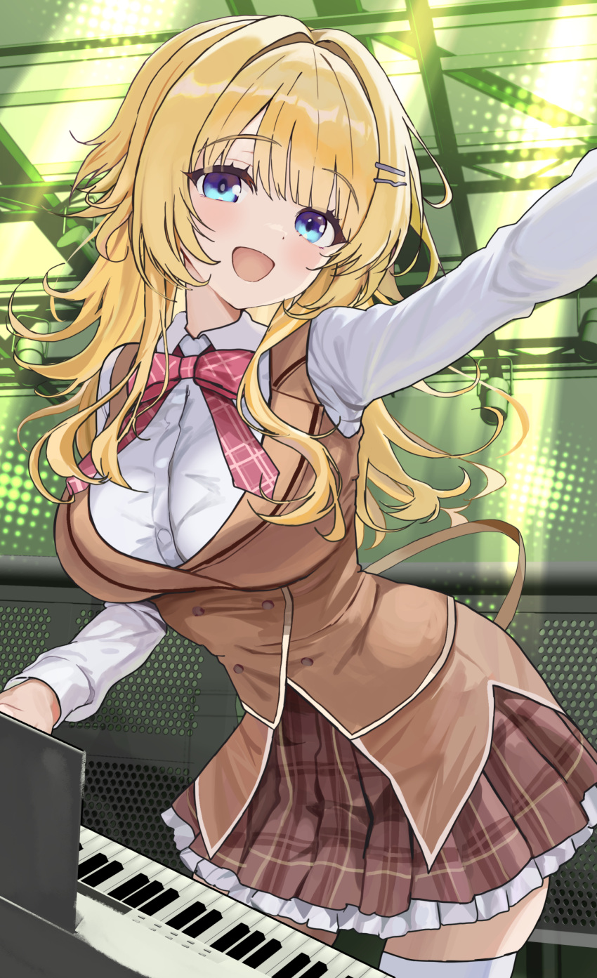 1girl, :d, blonde_hair, blue_eyes, blunt_bangs, blush, bow, bowtie, breasts, brown_skirt, brown_vest, buttons, collared_shirt, commentary, cowboy_shot, double-breasted, eyelashes, floating_hair, frilled_skirt, frills, hair_intakes, hair_ornament, hairclip, happy, highres, indoors, instrument, junyongkim9, keyboard_(instrument), large_breasts, limelight_lemonade_jam, long_hair, long_sleeves, looking_at_viewer, miniskirt, open_mouth, outstretched_arm, parallel_hairclips, plaid_bow, plaid_bowtie, plaid_clothes, plaid_skirt, pleated_skirt, red_bow, red_bowtie, shimakoshi_tsukimi, shirt, sidelocks, skirt, smile, solo, stage, stage_lights, thigh-highs, vest, white_shirt, white_thighhighs, zettai_ryouiki