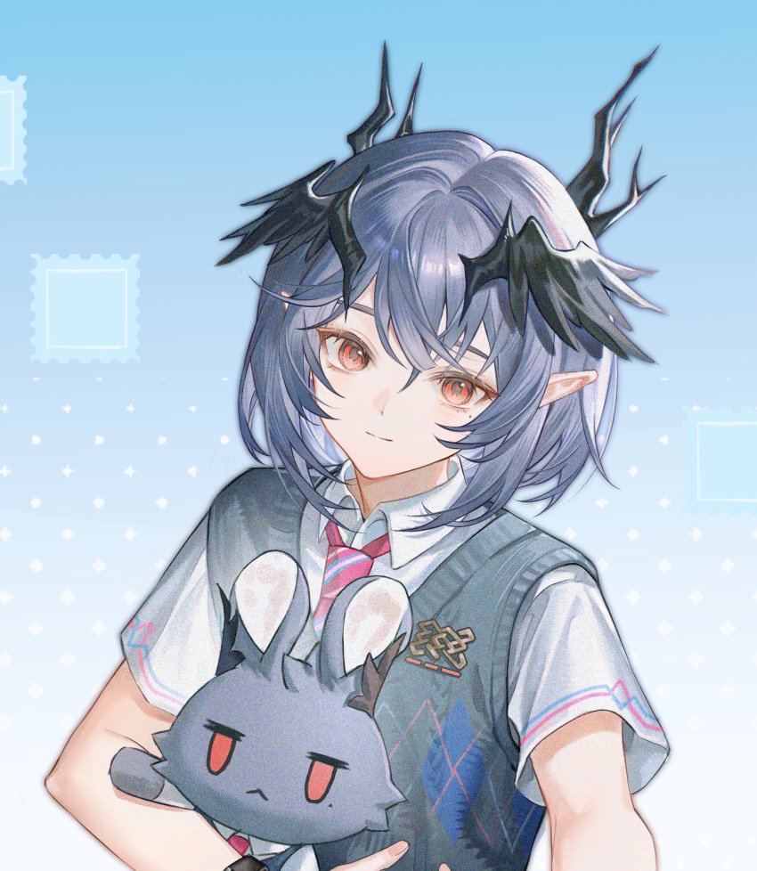 1boy, aged_down, aikou_echo, alternate_costume, arknights, black_wings, blue_background, character_doll