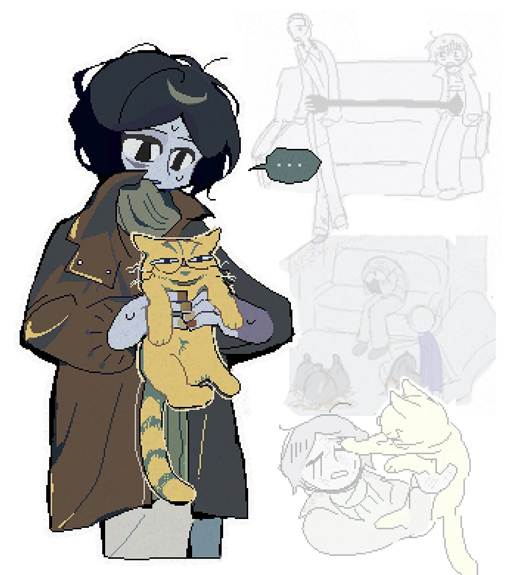 ..., 2boys, animal, black_hair, blank_eyes, brown_jacket, cat, claw_mark