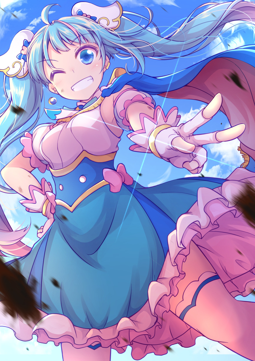 1girl, absurdres, blue_cape, blue_dress, blue_eyes, blue_hair, blue_sky, bow