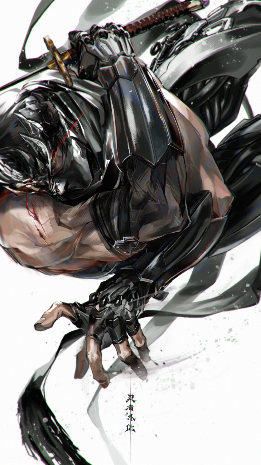 1boy, absurdres, arm_guards, armor, bare_shoulders, black_gloves, black_scarf, bleeding