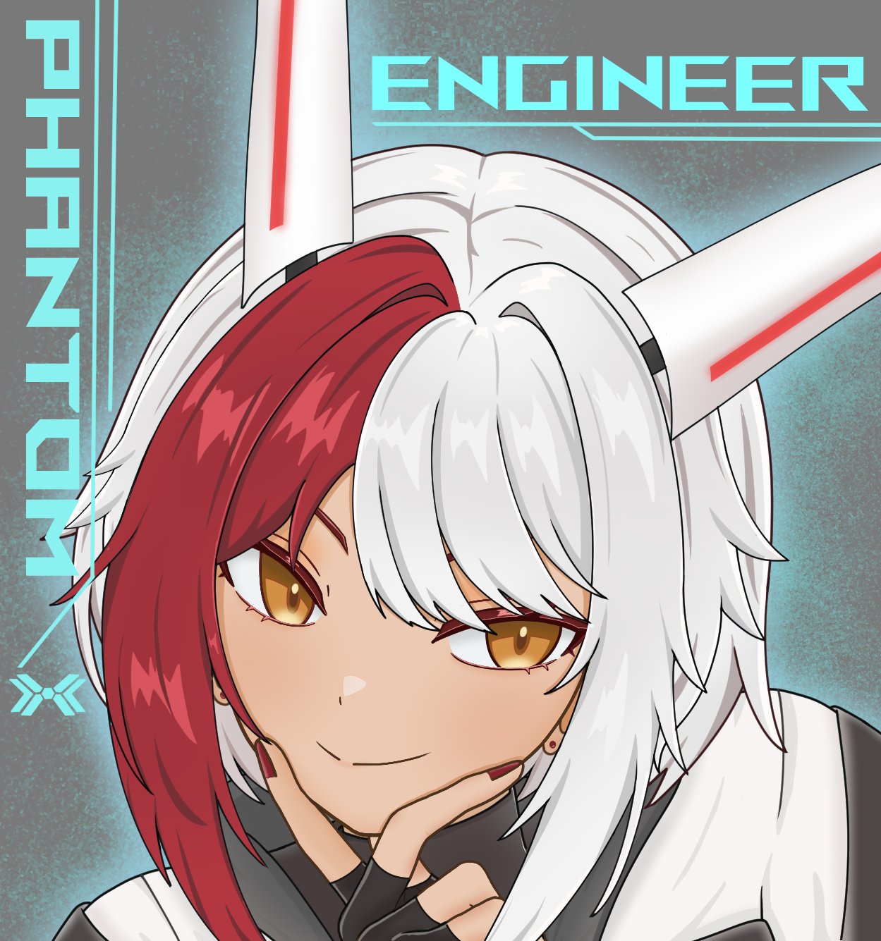 1girl, animal_ears, black_gloves, black_shirt, blue_outline, brown_eyes, character_name, closed_mouth