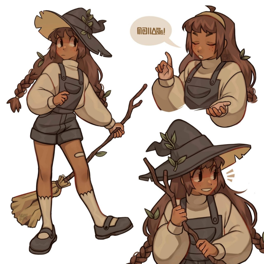 1girl, bandaid_on_thigh, black_eyes, black_shoes, braid, broom, brown_hair, brown_hairband