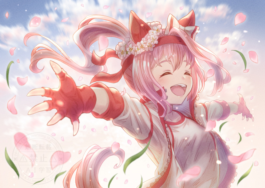 1girl, animal_ears, blush, bow, ear_bow, ear_covers, gloves, gym_uniform