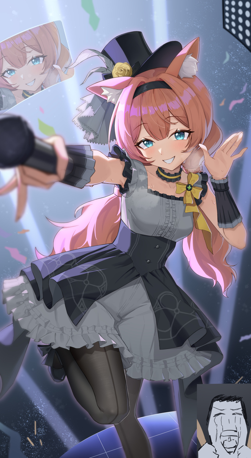 1boy, 1girl, absurdres, animal_ear_fluff, animal_ears, armpits, backlighting, black_pantyhose