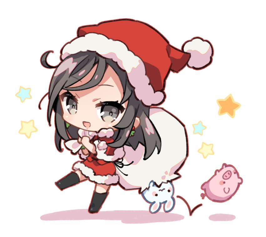 1girl, :d, black_boots, black_eyes, black_hair, boots, capelet, chibi