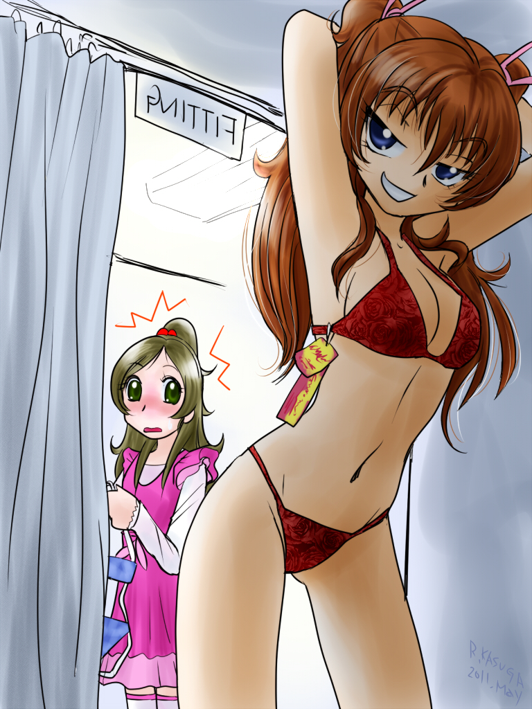 bikini, blue_eyes, brown_hair, dressing_room, grin, houjou_hibiki, long_hair, minamino_kanade