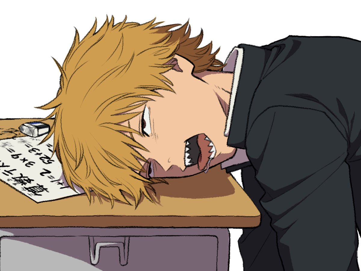 1boy, black_jacket, brown_eyes, chainsaw_man, denji_(chainsaw_man), desk, eraser, gakuran, head_down, jacket, kurokurobin, male_focus, math, open_mouth, orange_hair, saliva, school_desk, school_uniform, sharp_teeth, solo, teeth, tongue, upper_body, white_background