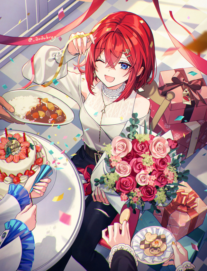 1boy, 3girls, ange_katrina, ange_katrina_(5th_costume), arm_up, aubrey_(kyarairo), banken_(inui_toko), bare_shoulders, belmond_banderas, belt, birthday, birthday_cake, black_belt, blue_eyes, blue_pants, bouquet, box, breasts, cake, chair, chromatic_aberration, clothing_cutout, commentary_request, confetti, cookie, crossed_bangs, curry, curry_rice, denim, earrings, feet_out_of_frame, flower, food, frilled_shirt_collar, frilled_sleeves, frills, gift, gift_box, gold_earrings, gold_necklace, hair_between_eyes, hair_ornament, hairpin, happy_birthday, highres, holding, holding_bouquet, holding_cookie, holding_food, holding_party_popper, holding_plate, inui_toko, inui_toko_(1st_costume), jeans, jewelry, layered_shirt, lize_helesta, lize_helesta_(1st_costume), long_bangs, long_sleeves, medium_hair, multicolored_nails, multiple_girls, multiple_hairpins, nail_polish, necklace, nijisanji, on_chair, one_eye_closed, out_of_frame, pants, party_popper, pink_flower, pink_rose, plate, puffy_long_sleeves, puffy_sleeves, red_flower, red_hair, red_nails, red_rose, rice, rose, sanbaka_(nijisanji), sebastian_piyodore, shirt, shirt_tucked_in, shoulder_cutout, single_earring, single_hair_intake, sitting, small_breasts, solo_focus, streamers, tile_floor, tiles, torn_clothes, torn_jeans, torn_pants, triangle_earrings, twitter_username, virtual_youtuber, white_shirt, yellow_nails