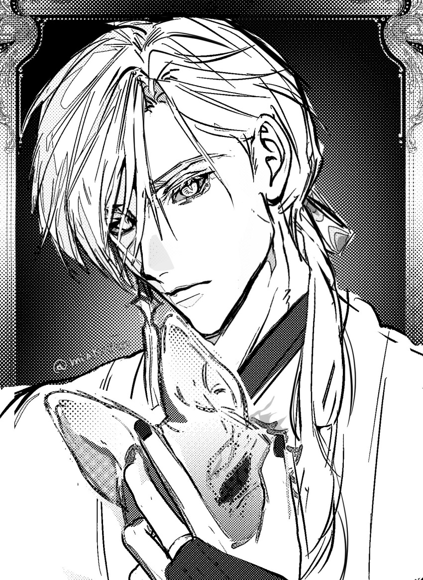 1boy, black_nails, bridal_gauntlets, closed_mouth, earrings, fox_mask, fox_mask_(silent_hill), greyscale