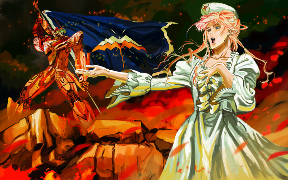art, birdhuman, dress, epic, fire, flag, hat, macross