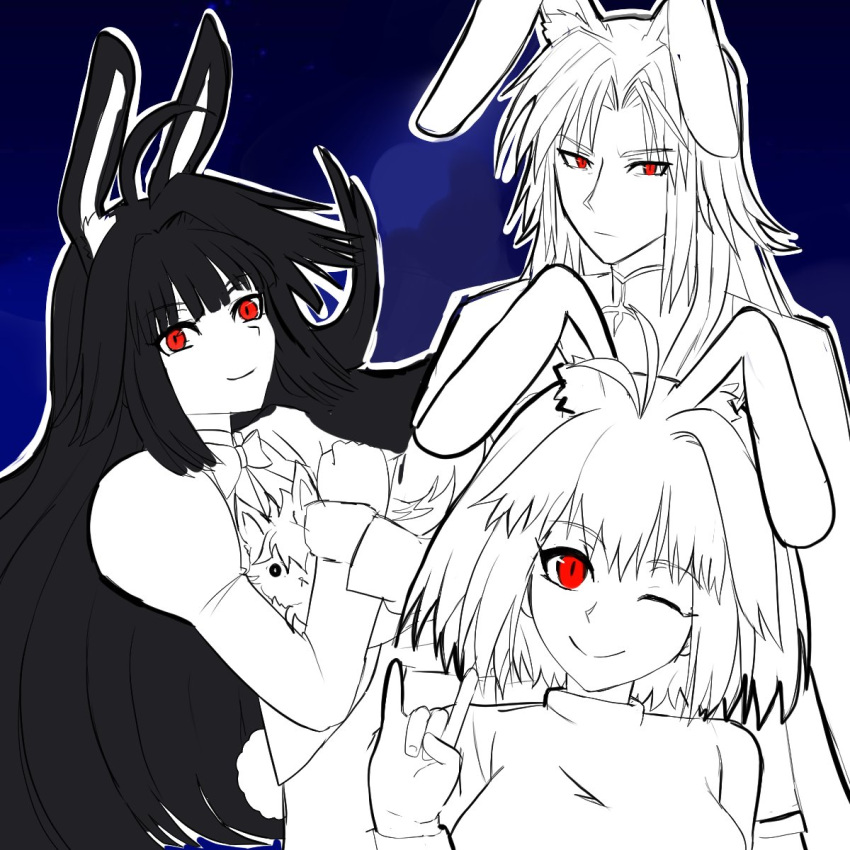 1boy, 2girls, ahoge, alternate_design, altrouge_brunestud, animal_ears, animal_hug, arcueid_brunestud