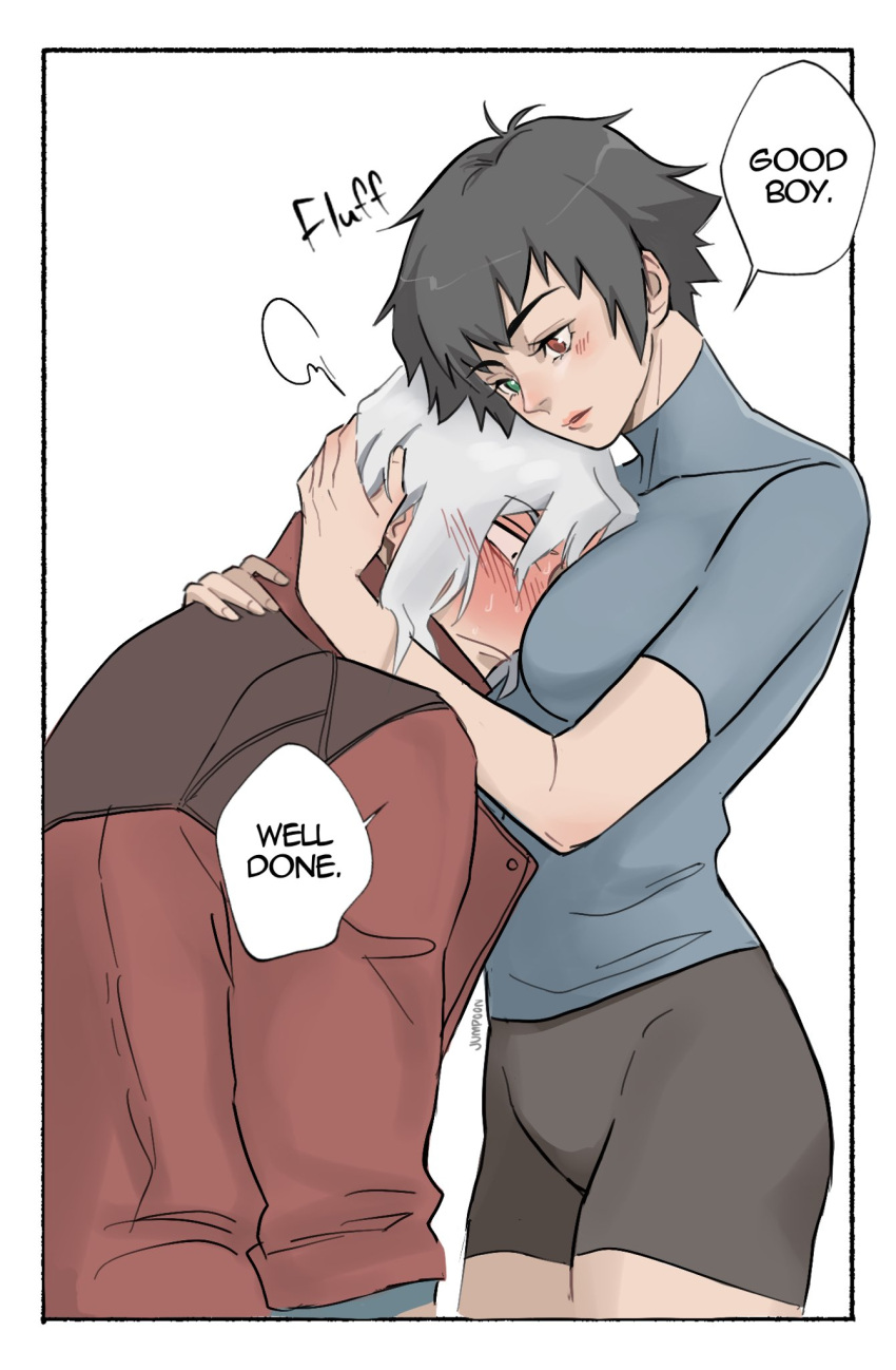 1boy, 1girl, bike_shorts, black_hair, blue_shirt, blush, coat, dante_(devil_may_cry), devil_may_cry_(netflix), devil_may_cry_(series), green_eyes, heterochromia, highres, hug, jumpoon, lady_(devil_may_cry), red_coat, red_eyes, shirt, simple_background, speech_bubble, white_background