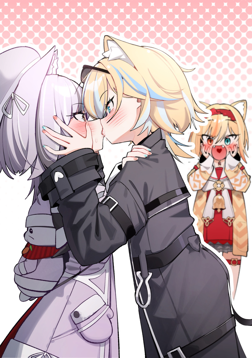 3girls, absurdres, animal_ear_fluff, animal_ears, black_coat, black_survival, blonde_hair, blue_eyes, blue_hair, blue_nails, blush, cat_ears, coat, eternal_return:_black_survival, eye_contact, eyewear_on_head, fangs, hair_between_eyes, hand_on_another's_cheek, hand_on_another's_face, hand_on_another's_shoulder, hat, heterochromia, highres, irem_(black_survival), kiss, long_sleeves, looking_at_another, multicolored_hair, multiple_girls, nail_polish, open_mouth, orange_eyes, purple_hair, short_hair, streaked_hair, whonyang, yuri