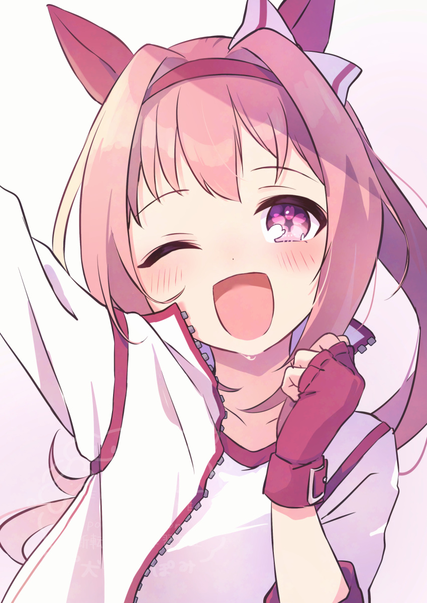 animal_ears, blush, bow, ear_bow, ear_covers, fingerless_gloves, flower-shaped_pupils, flower_in_eye, gloves, haru_urara_(bestest_prize)_(umamusume), haru_urara_(umamusume), headband, highres, horse_ears, horse_girl, pink_headband, portrait, potarou_pomi, red_gloves, red_headband, smile, sweat, symbol-shaped_pupils, symbol_in_eye, umamusume