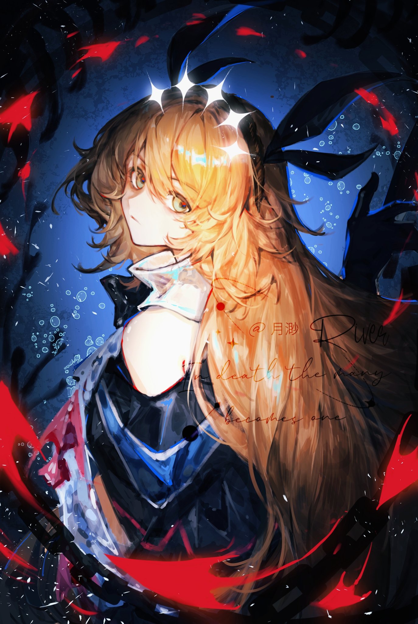 1girl, air_bubble, black_bow, black_bowtie, black_capelet, blue_background, bow, bowtie