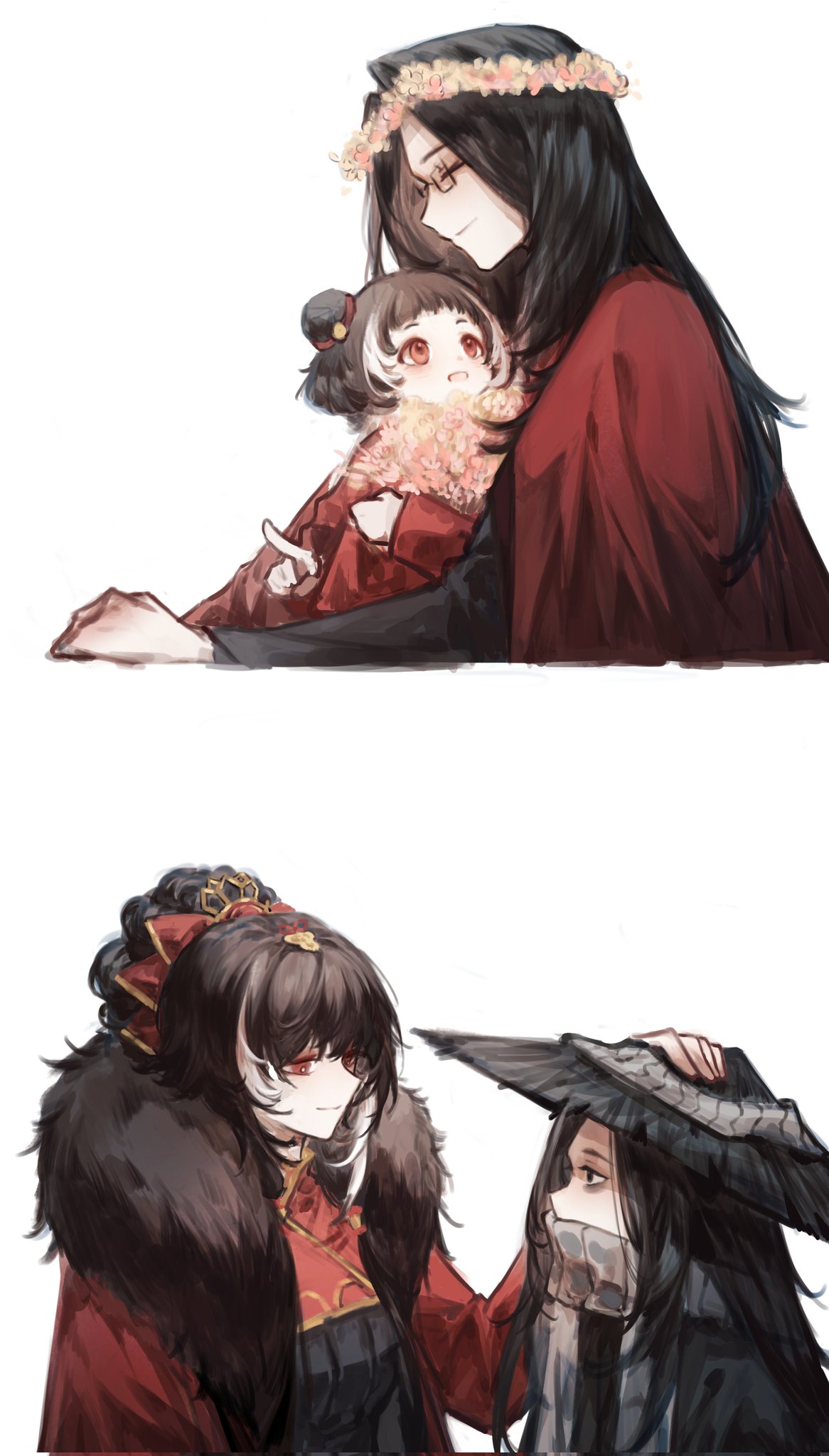 1boy, 1girl, black_dress, black_eyes, black_hair, black_hanfu, chinese_clothes, closed_eyes, coat, conical_hat, double_bun, dress, flower, fur-trimmed_coat, fur_trim, glasses, grey_scarf, hair_bun, hanfu, head_wreath, headpat, highres, jia_xichun_(project_moon), kinala6490098, limbus_company, long_hair, long_sleeves, looking_at_another, multicolored_hair, pink_eyes, pink_flower, project_moon, red_coat, red_dress, red_shrug, scarf, shrug_(clothing), simple_background, streaked_hair, twintails, upper_body, wei_(project_moon), white_background, white_streaks