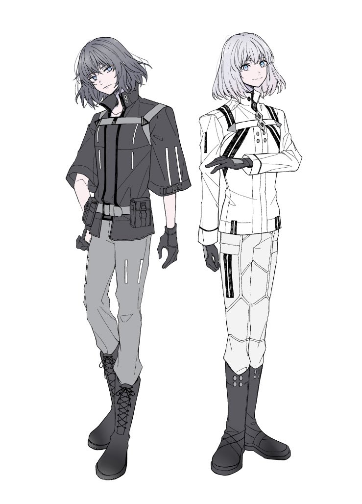 2boys, arm_at_side, belt, belt_pouch, black_boots, black_gloves, black_shirt, blue_eyes