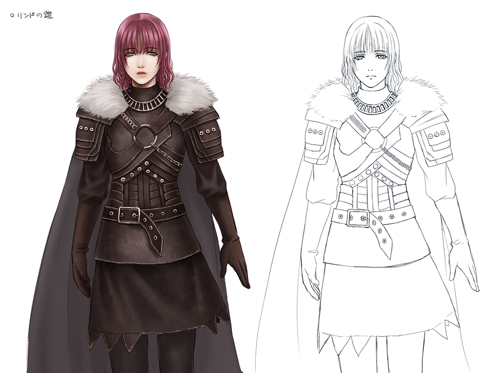 1girl, armor, bearer_of_the_curse, belt, black_belt, black_cape, black_gloves, black_pantyhose, black_shirt, black_skirt, breastplate, cape, commentary_request, cowboy_shot, dark_souls_(series), dark_souls_ii, fur_collar, gloves, green_eyes, lips, looking_at_viewer, pantyhose, purple_hair, rolling_nekoyanagi, shirt, short_hair, shoulder_armor, simple_background, skirt, white_background, word_bearers