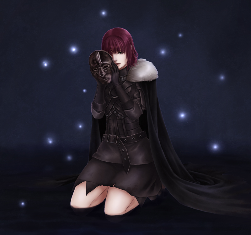 1girl, armor, bearer_of_the_curse, black_cape, black_gloves, black_skirt, breastplate, cape, commentary_request, dark_souls_(series), dark_souls_ii, full_body, fur_collar, gloves, holding, holding_mask, kneeling, lips, looking_at_viewer, mask, open_mouth, red_hair, rolling_nekoyanagi, short_hair, skirt, solo