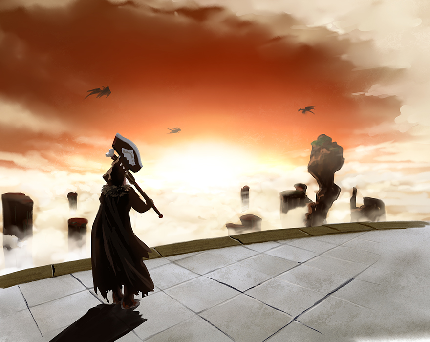 1girl, axe, bearer_of_the_curse, black_cape, cape, clouds, commentary_request, dark_souls_(series)