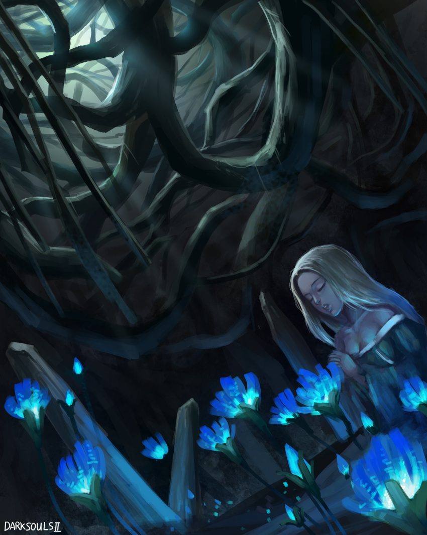 1girl, absurdres, blonde_hair, blue_flower, breasts, closed_eyes, commentary_request, copyright_name, dark_souls_(series), dark_souls_ii, dress, dutch_angle, flower, glowing_flower, green_dress, highres, long_hair, long_sleeves, medium_breasts, milfanito, off-shoulder_dress, off_shoulder, own_hands_together, plant_roots, praying, solo, upper_body, yuwei_li