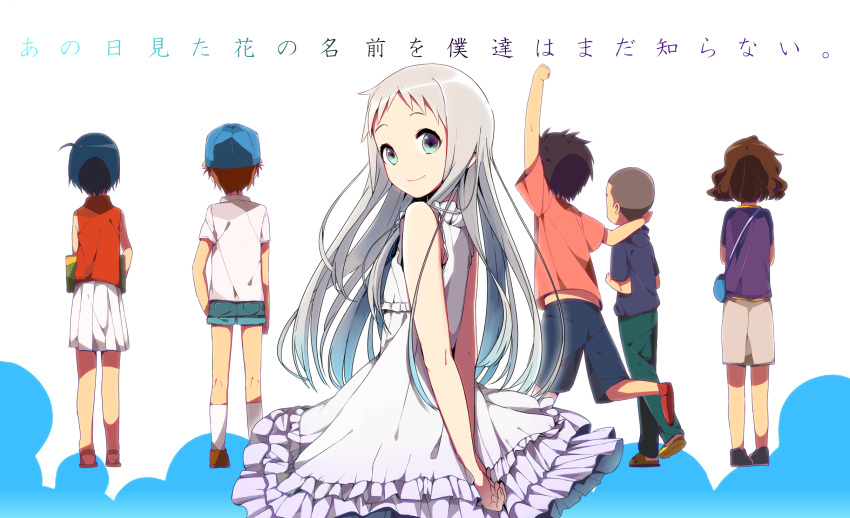 ano_hi_mita_hana_no_namae_wo_bokutachi_wa_mada_shiranai, artist_request, blue_eyes, dress, highres, hisakawa_tetsudou, honma_meiko, kangokun, long_hair, matsuyuki_atsumu, silver_hair, tsurumi_chiriko, yadomi_jinta, young